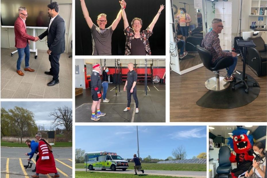 A collage of photos shows SLC President and CEO Glenn Vollebregt doing a variety of activities with SLC alumni, including fitness training, riding inside an ambulance alongside a paramedic, singing music theatre, and having his hair cut.